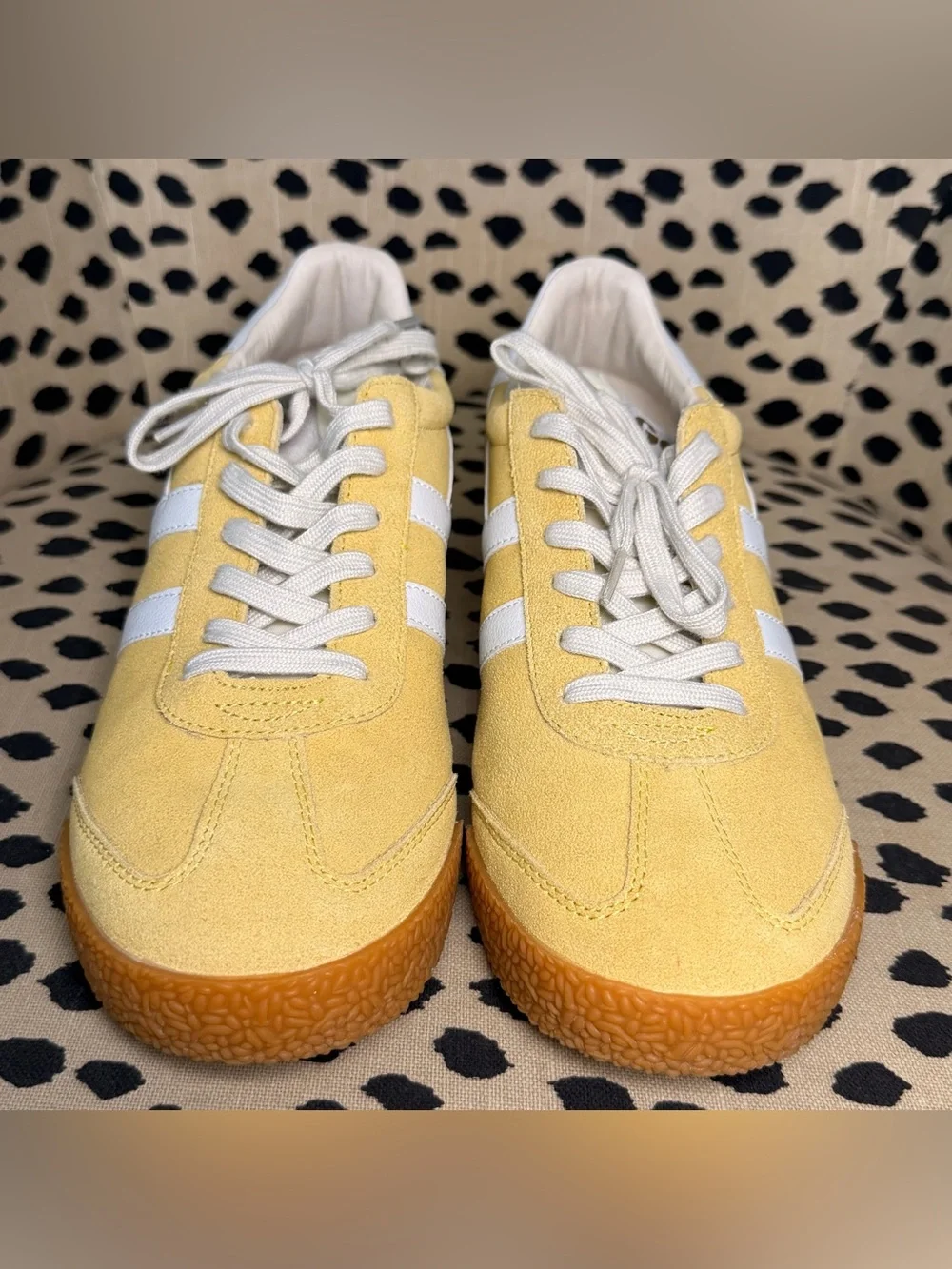 Gola Women’s  Yellow Suede Sneakers with White Stripes and Gum Sole